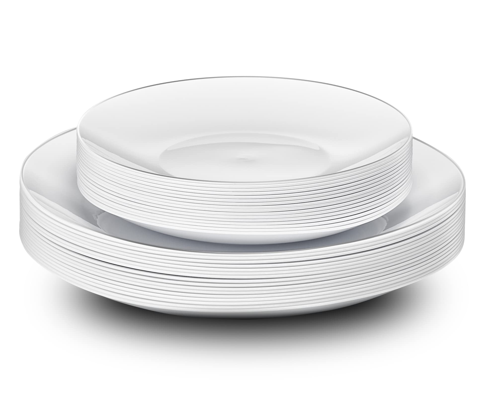 PLASTICPRO 32 Piece Combo Plates Set includes 16-7'' inch Plate & 16-10'' inch Plates White Plates with Silver Rim Plastic PartyPlate Premium heavyweight Elegant, Disposable, Tableware, Dishes,
