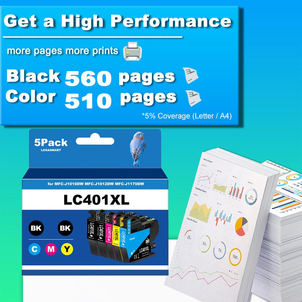 LC401XL Ink Cartridges for Brother Printer Compatible for Brother LC401 Ink Cartridges for Brother MFC-J1010DW MFC-J1012DW MFC-J1170DW Printer 5 Pack (2 Black, 1 Cyan, 1 Magenta, 1 Yellow)