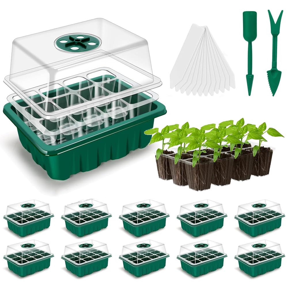 10 Pack Seed Starter Tray Seed Starter Kit (120 Cells Total Tray) with Humidity Dome and Base Greenhouse Growing Trays, Reusable Plant Germination Trays with Garden Tools Labels