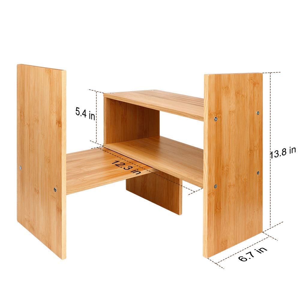 Widousy Adjustable Natural Wood Desktop Bookshelf Bamboo Desk Storage Organizer Display Shelf Rack, Counter Top Bookcase