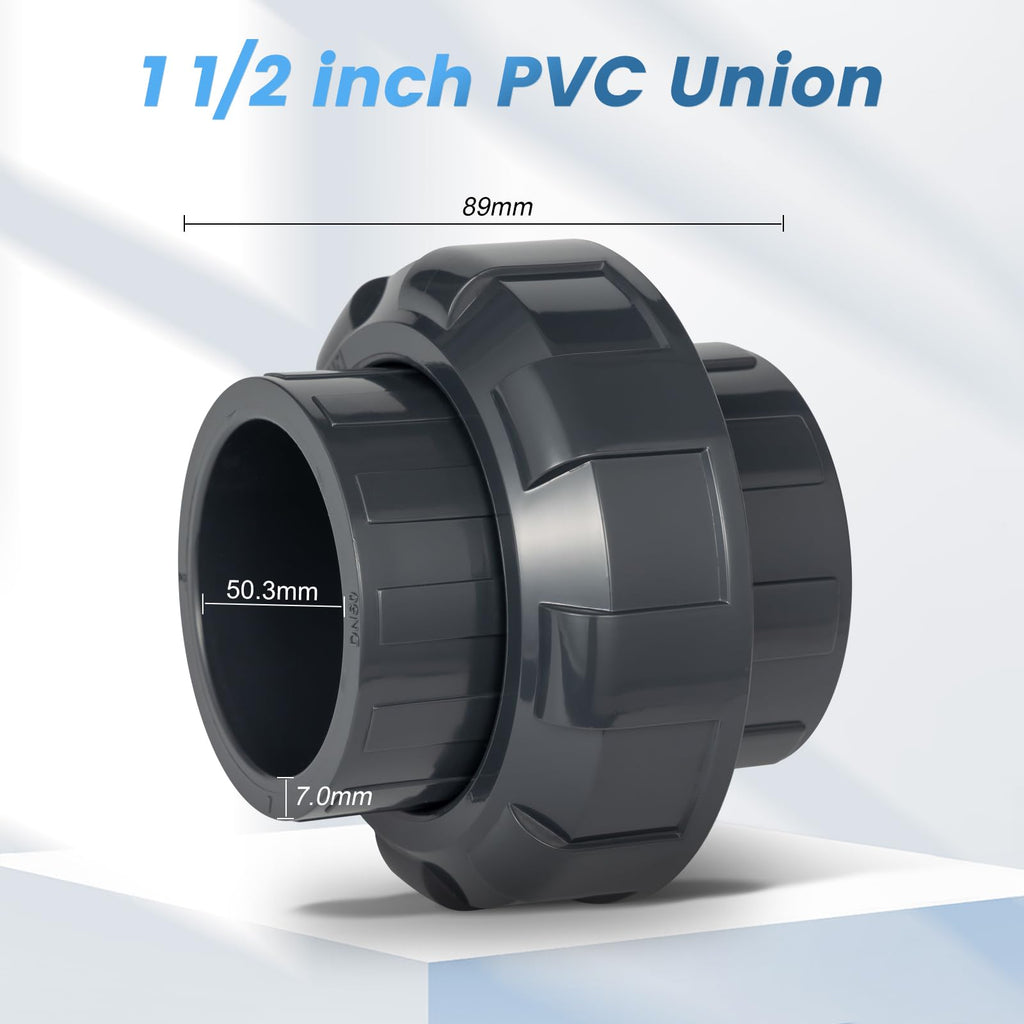 Wacjak 1.5" PVC Union Pipe Fitting 2-Pack, Rigid PVC-U Coupling for Outdoor Plumbing, Pool Pump Connections, 200 PSI Easy-Install Adapters