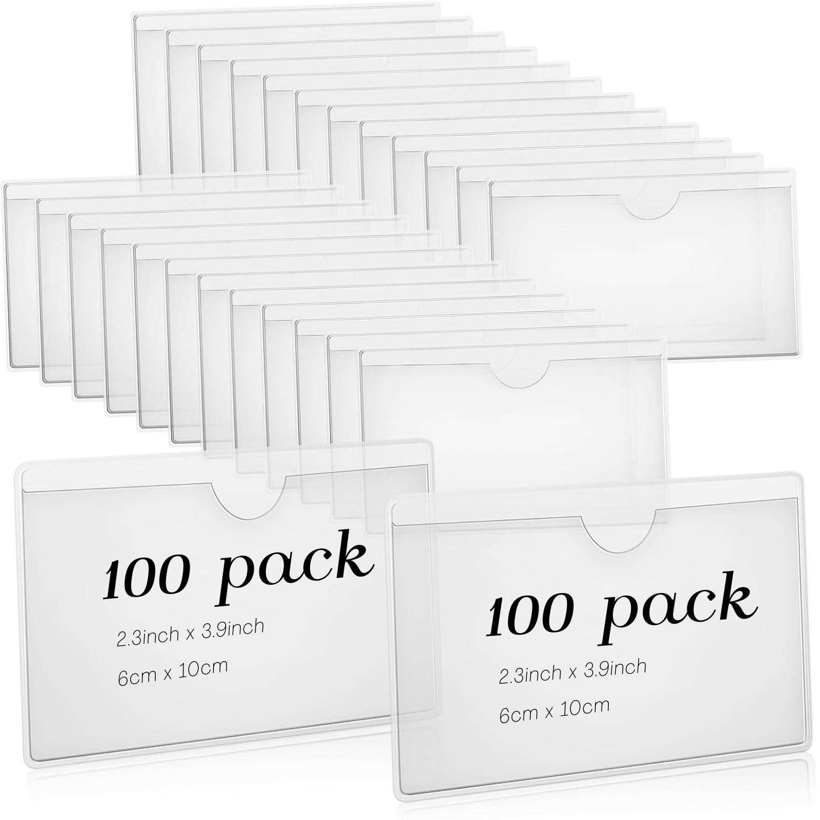 100Pcs Heavy Duty Clear Adhesive Index Card Pockets Holder, 2.36"x3.93"(6x10cm) Top Loading Self Adhesive Label Holders for Storage Bins, Office Home School Organization