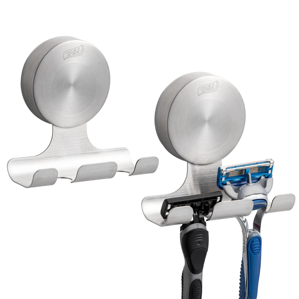 TAILI 2 Pack Powerful Suction Cup Razor Holder, 304 Stainless Steel Bathroom Suction Hooks for Towel, Loofah, Bathrobe, Stylish Shaver Holder for Shower Wall, Easy to Install and Reuse, Silver