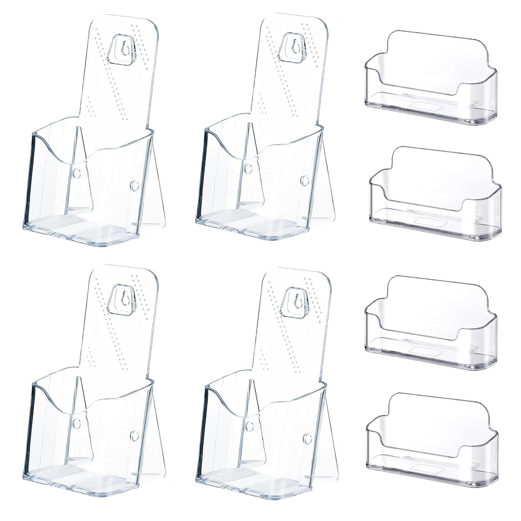 MYLEUS 4Pcs Acrylic Brochure Holder with 4 Business Card Holder, Office Tabletop Wall Mount Organizer, Brochure Display Stand, Trifold Holder Stand, Menu,Booklet, Literature, Display for Countertop