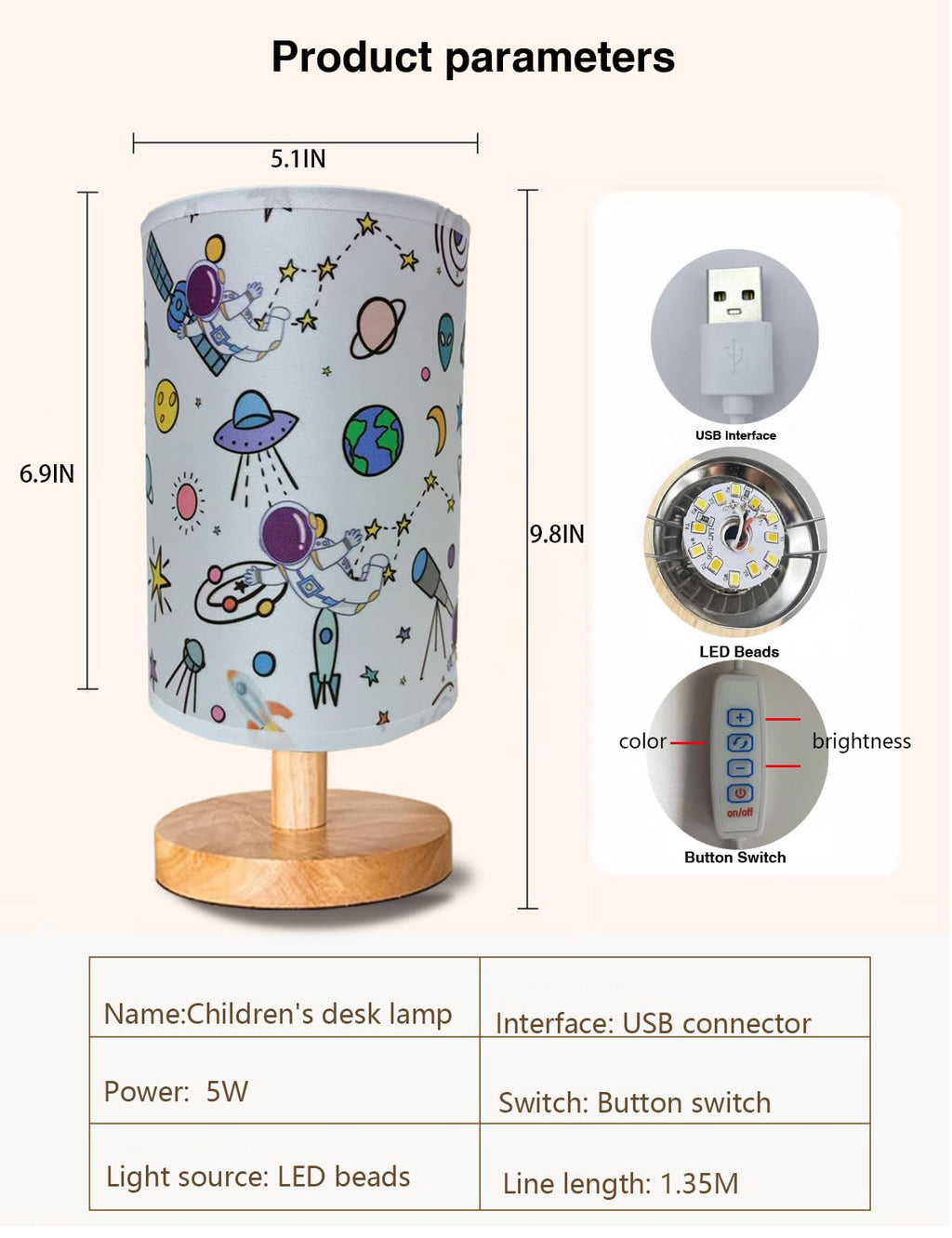 Astronaut Kids Table Lamp, Astronauts Room Decor for Boys,3 Level Dimmable Wood Nightstand Desk Base Flaxen Fabric Shade for Bedroom Living Room,Astronauts Gifts for Boys (cosmonaut)