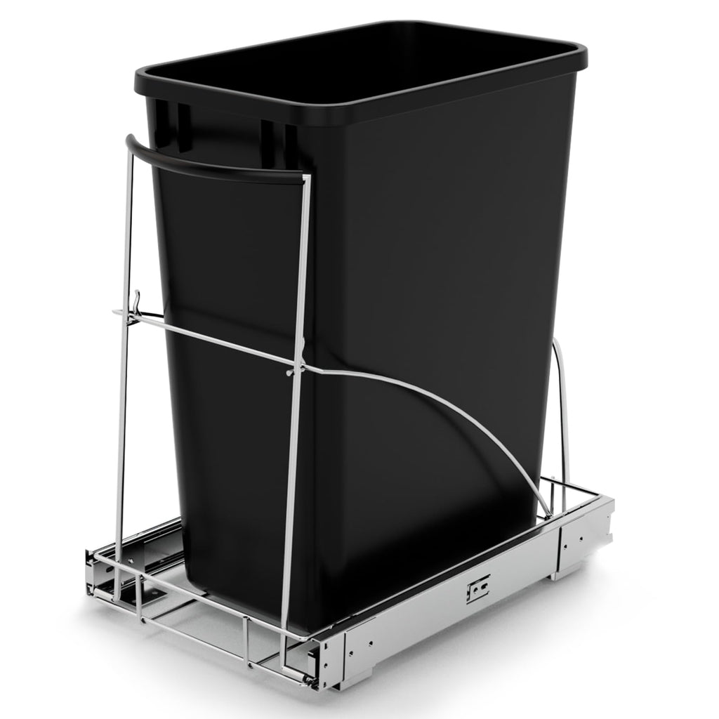 Pull Out Garbage Bin Kitchen,Roll Out Trash Can Under Cabinet,Under Sink Slide Out Organizer,Cabinet Garbage Can Slide Out Kit with Silicone Handle,Chrome-Waste Bin Not Included