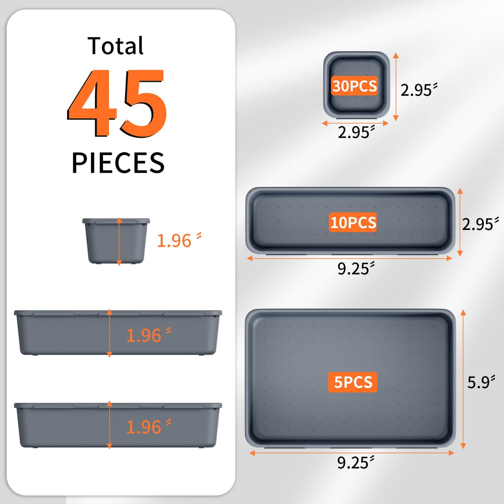 Giklux 45 Pack Grey Plastic Drawer Organizers, 3 Sizes, Office, Kitchen, Bathroom, Vanity, Makeup, Gadget Trays