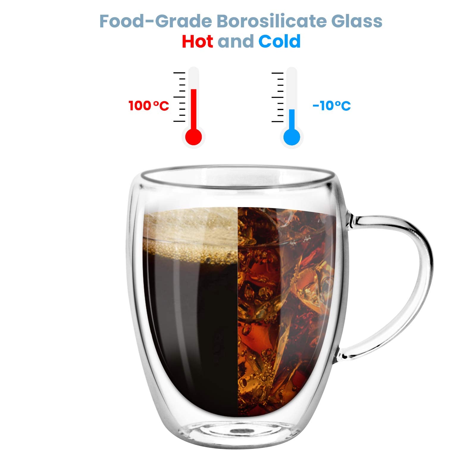 Glass Coffee Mugs 350ml, Top-spring 12oz Clear Glass Coffee Cups with Handles - Set of 4 Double Wall Insulated Coffee Mug Tea Latte Espresso Cups