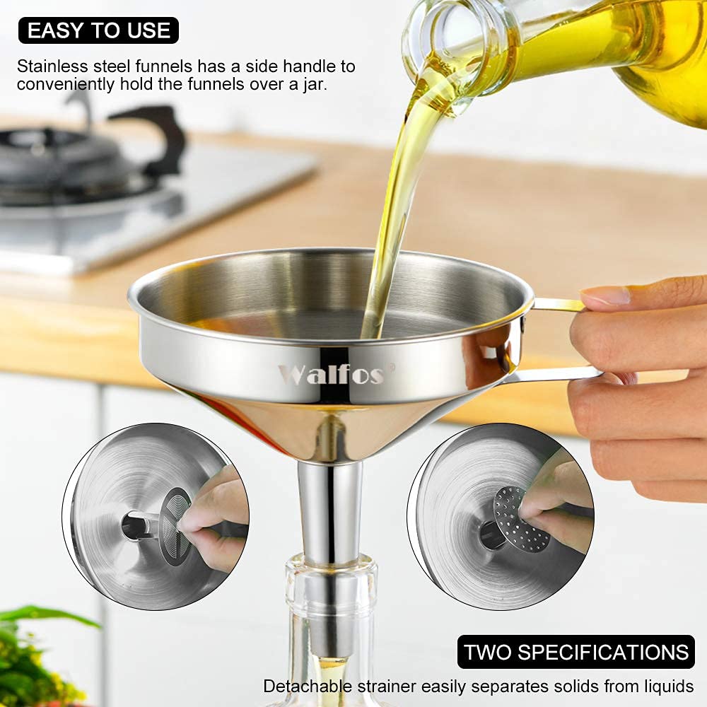 Walfos Stainless Steel Funnel Kitchen Set 3 Pack Funnels with 2 Removable Strainer Filter for Transferring of Liquid, Fluid, Cooking Oils, Jam, Dry Ingredients & Powder and 1 Pcs Cleaning Brush