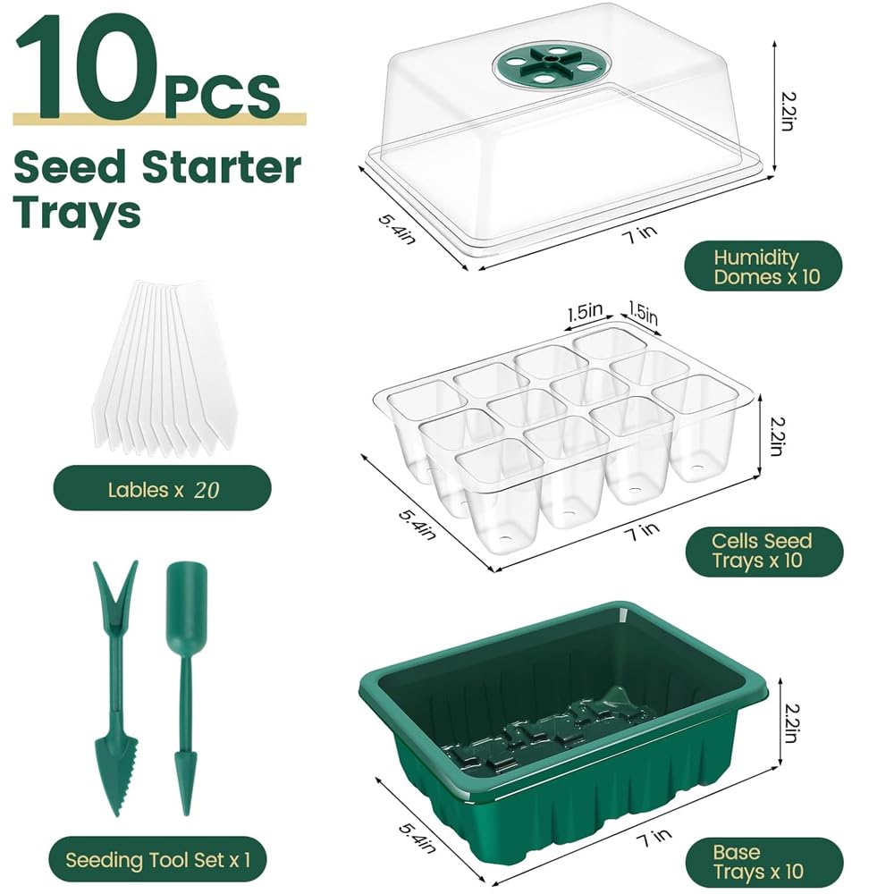 10 Pack Seed Starter Tray Seed Starter Kit (120 Cells Total Tray) with Humidity Dome and Base Greenhouse Growing Trays, Reusable Plant Germination Trays with Garden Tools Labels