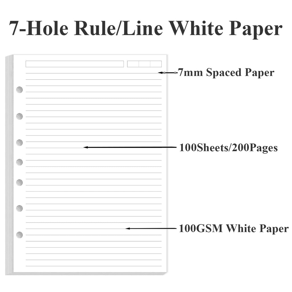 7-Hole Lined Paper Refills for Mini Binder - 100 Sheets/200 Pages 7 Ring Loose Leaf Lined Paper with 5 Colorful Tab Dividers, 5.8" x 8.5"
