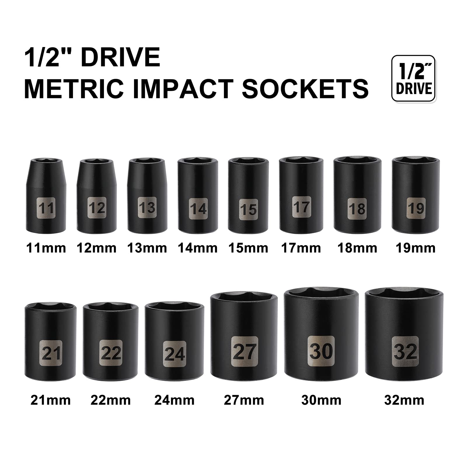 Mayouko 14 Pieces 1/2" Drive Shallow Metric Impact Socket Set, CR-V, 6 Point, 11mm to 32mm