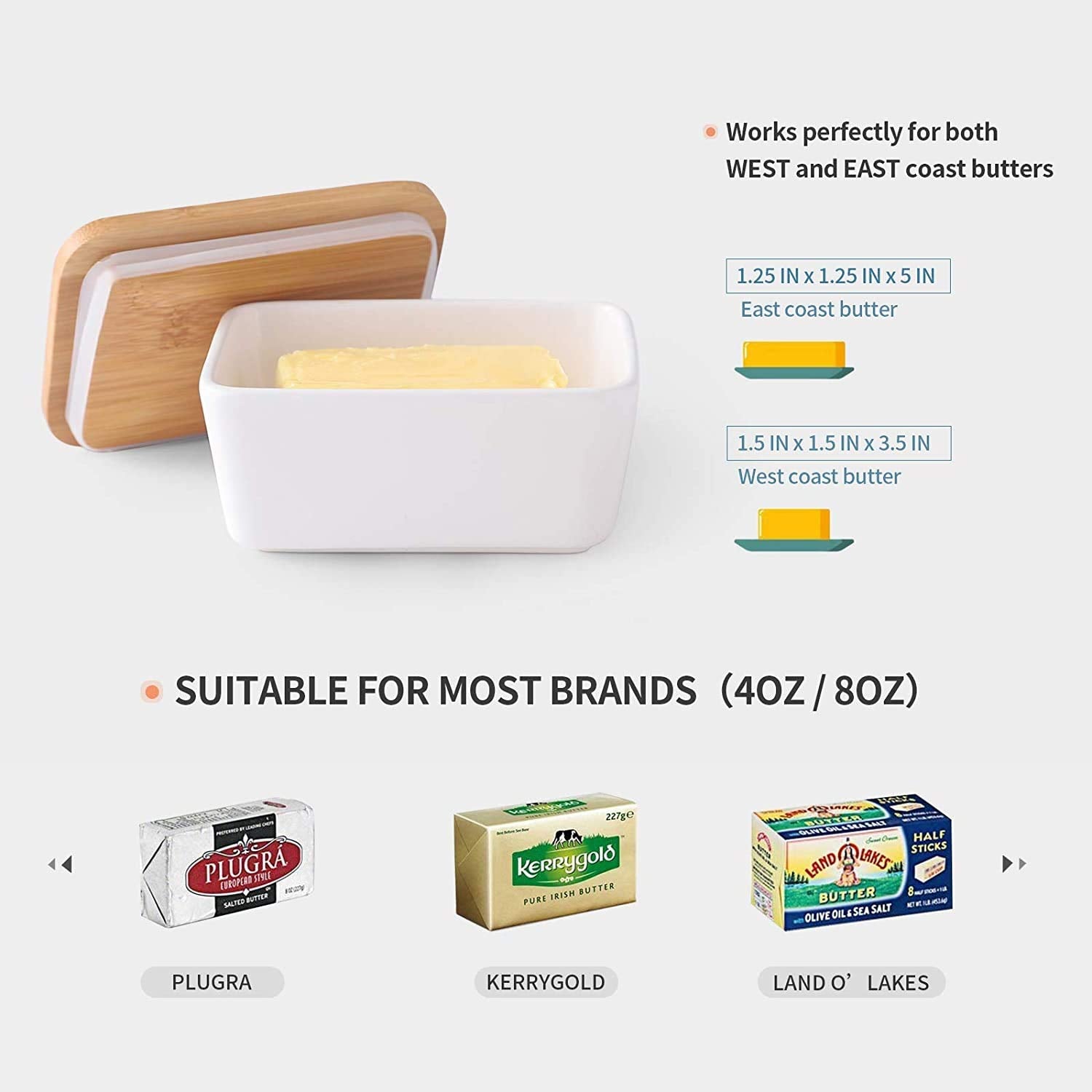 HPYNPES Large Ceramic Butter Dish with Lid and Natural Oak Wood Cover for Kitchen Decor and Accessories for Kitchen Gift, White