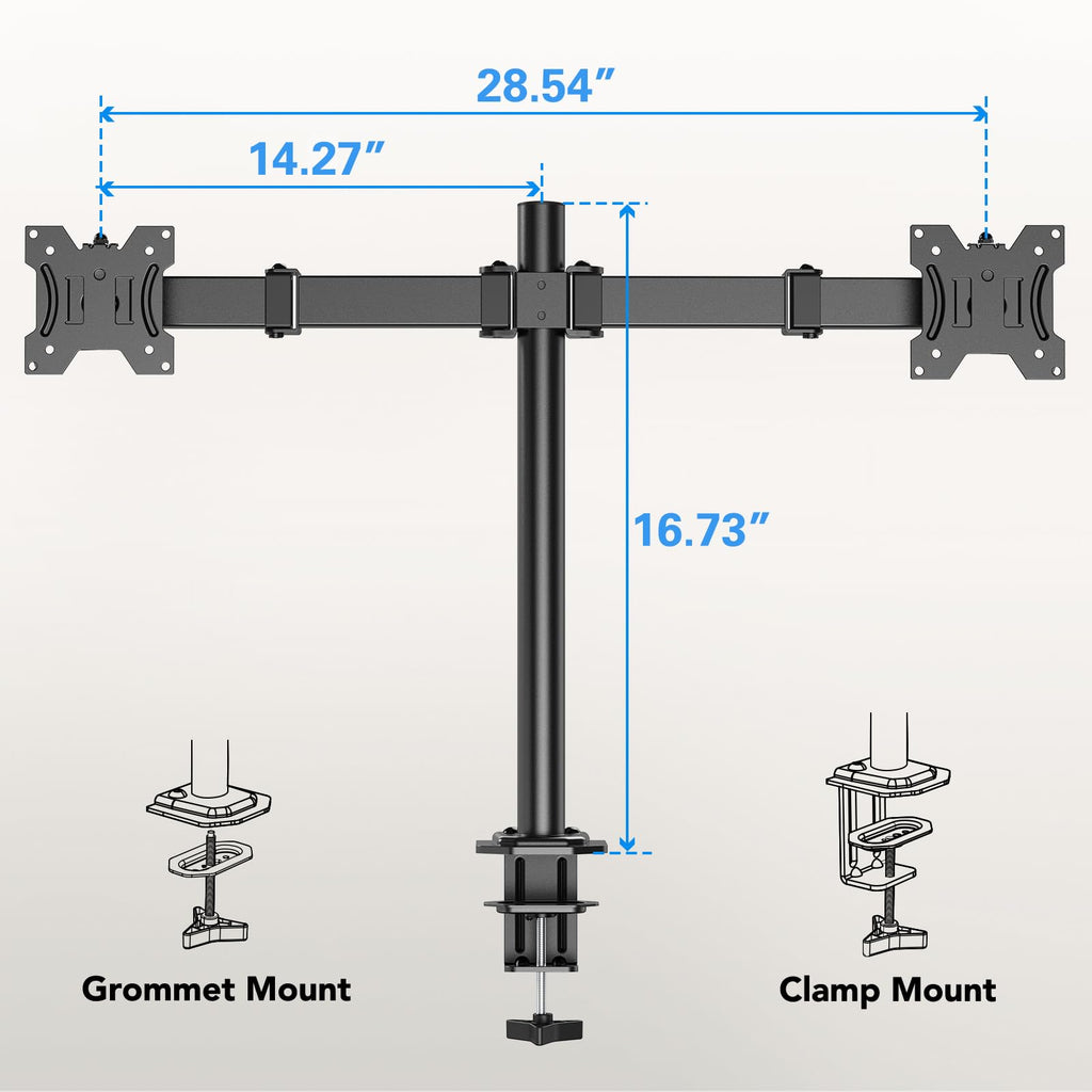 HUANUO Dual Monitor Stand for 13-30 Inch Screens | 22lbs Per Arm| 75x75mm & 100x100mm VESA | C-Clamp & Grommet Mount | Includes Cable Management & USB Support