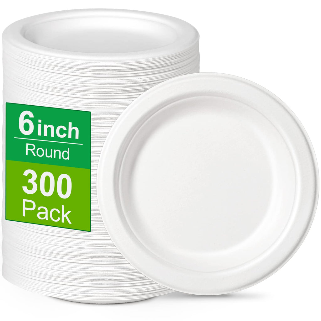 Greconv 300 Pack Paper Plates Bulk, Small Paper Plates 6 inch, Dessert Paper Plates Disposable, Compostable Paper Plates Made from Sugarcane Fibers, Recycled Paper Plates, White
