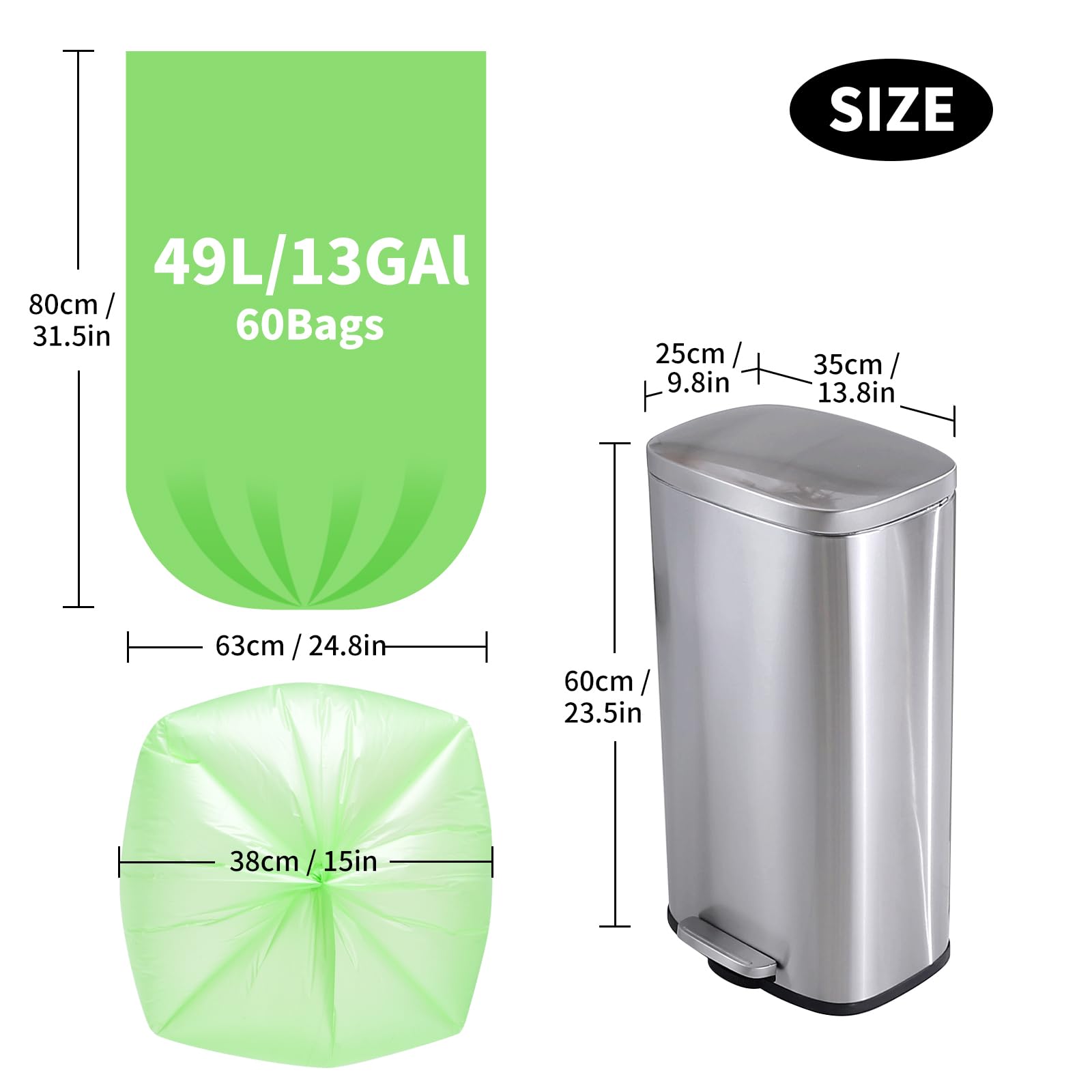 Biodegradable Trash Bags, 60 Count, 13 Gallon/50L Extra-Thick Tall Kitchen Garbage Bags, Strong & Unscented Bin Liners for Food Waste, Home, Garden & Office | EnvoWise Compostable Bags