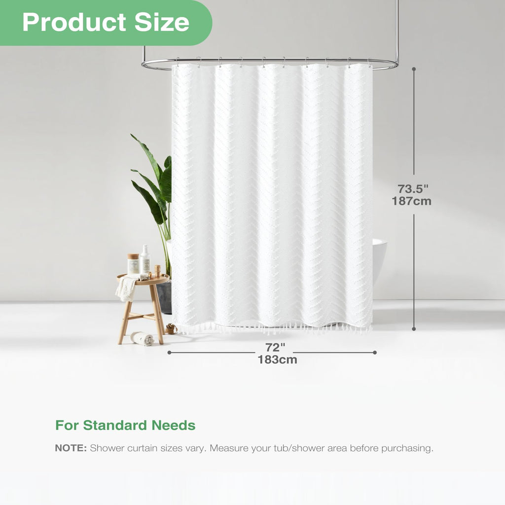 Dynamene Boho Farmhouse Shower Curtain, White Fabric Tufted Chevron Striped Textured Tassel Shower Curtains for Bathroom, Water Repellent, Minimalist Ruffled Cloth Shower Curtain Set with Hook, 72x72