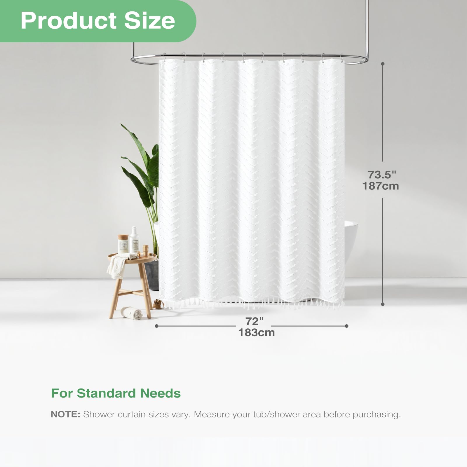 Dynamene Boho Farmhouse Shower Curtain, White Fabric Tufted Chevron Striped Textured Tassel Shower Curtains for Bathroom, Water Repellent, Minimalist Ruffled Cloth Shower Curtain Set with Hook, 72x72