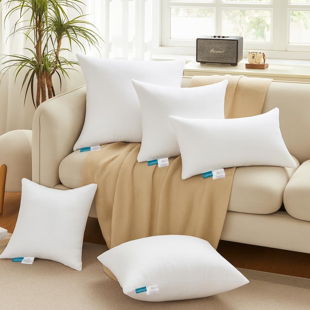 Oubonun 18 x 18 Throw Pillow Inserts - Soft, Plush & Decorative Down Alternative Pillows for Couch Sofa Bed, Machine Washable - White, Pack of 2