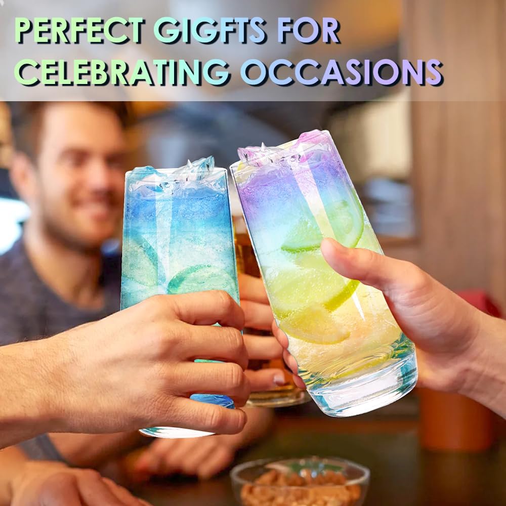 Swetwiny Colorful Highball Glasses, 18.5 Ounce Iridescent Glassware Set of 4 Lead-Free Crystal Glassware Drinking Glasses Set for Mixed Drinks, Water, Juice, Beer, Cocktail