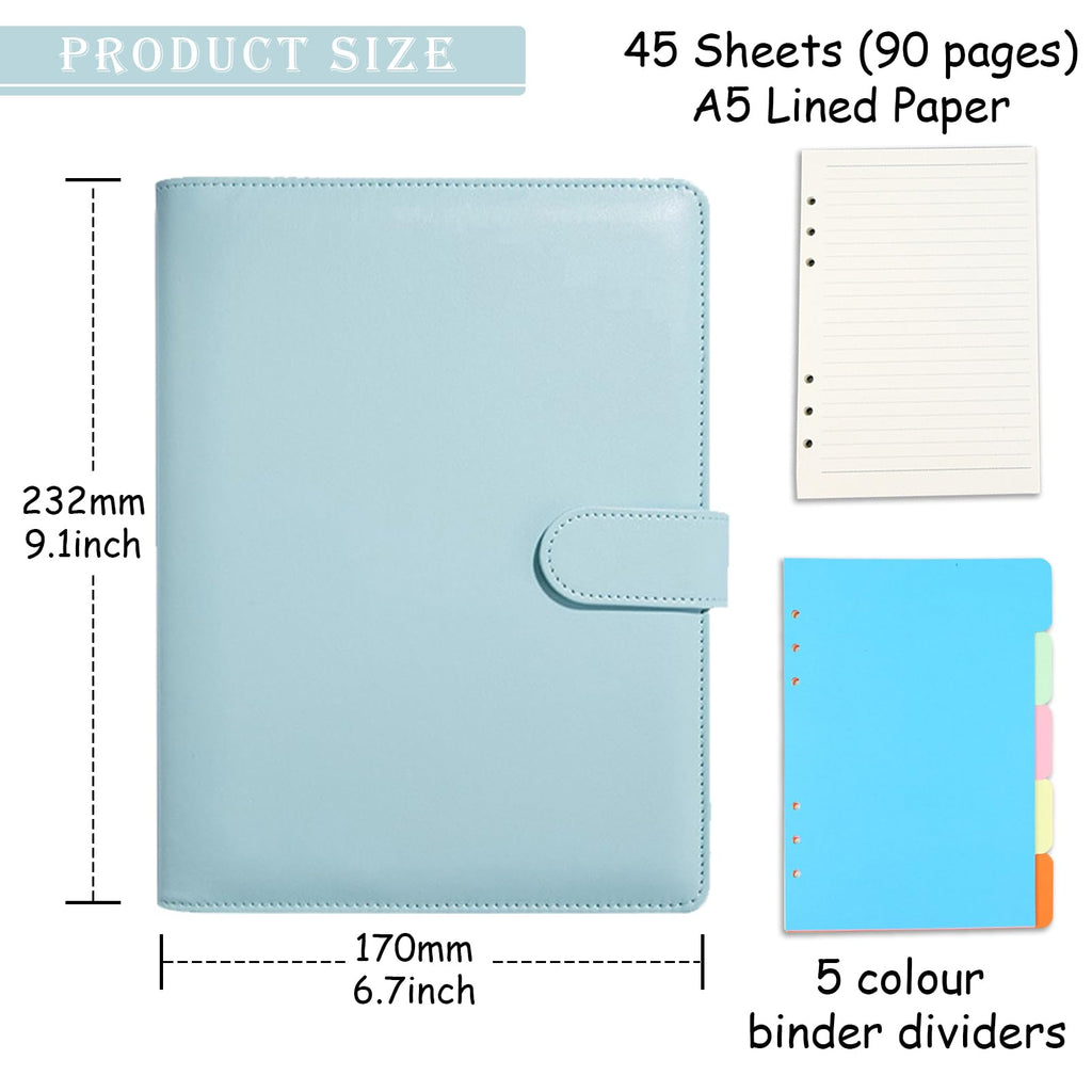 A5 Ring Binder, 6 Ring PU Leather Loose Leaf Notebook Planner Notebook Cover with 45 Sheets A5 Lined Paper, Binder Dividers for School Office Meetings,Blue