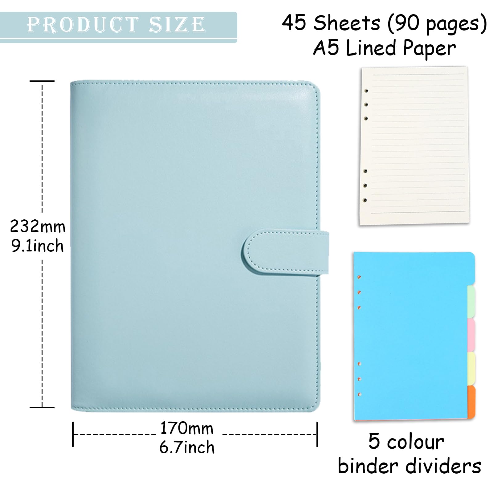 A5 Ring Binder, 6 Ring PU Leather Loose Leaf Notebook Planner Notebook Cover with 45 Sheets A5 Lined Paper, Binder Dividers for School Office Meetings,Blue