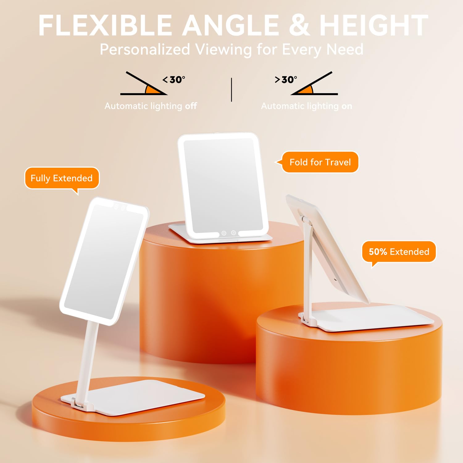 Auxmir Rechargeable Travel Makeup Mirror, Portable Travel Lighted Makeup Mirror with 3 Color Modes Dimmable, Compact Slim Tabletop LED Vanity Mirror with Touch Screen for Daily Business, White