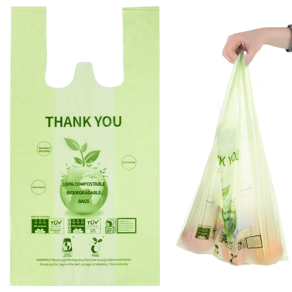 100% Certified Compostable Grocery Bags Biodegradable T-Shirt Bags Recyclable Thank You Shopping Bags Eco Friendly takeout Reusable Bags, Great for On The Go, Farmers Markets,100 Count