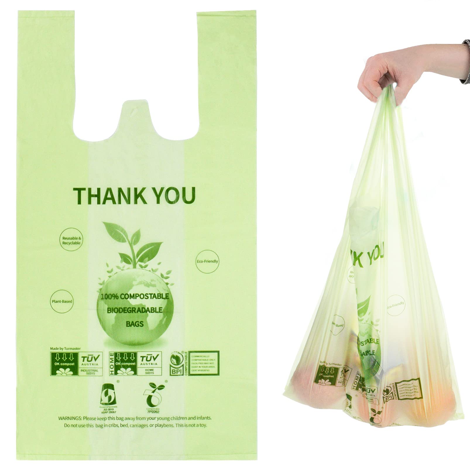 100% Certified Compostable Grocery Bags Biodegradable T-Shirt Bags Recyclable Thank You Shopping Bags Eco Friendly takeout Reusable Bags, Great for On The Go, Farmers Markets,100 Count