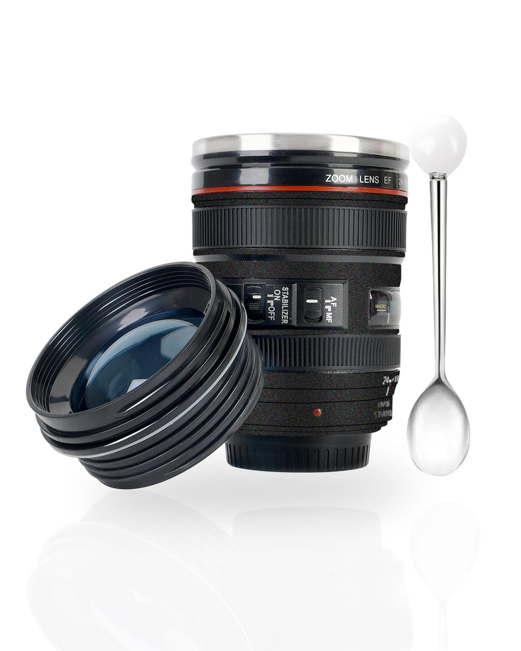 Camera Lens Coffee Mug 350ml Tumbler with Transparent Lid,Black