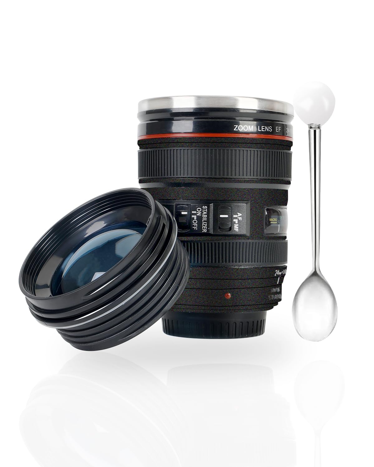 Camera Lens Coffee Mug 350ml Tumbler with Transparent Lid,Black