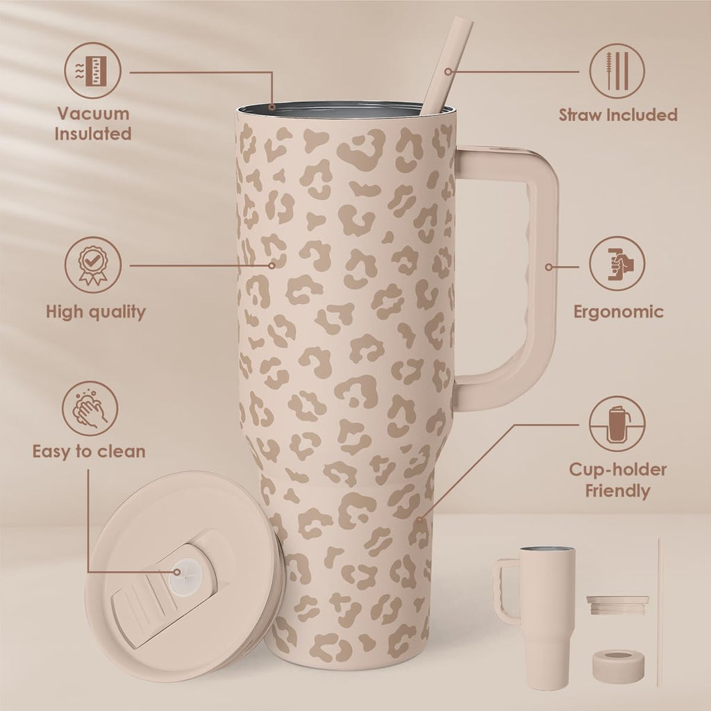 SANDJEST Leopard Tumbler with Handle, Insulated Cup Stainless Steel Travel Mug Cup, Gifts for Women Girl on Birthday Christmas, Tan Leopard, 40oz