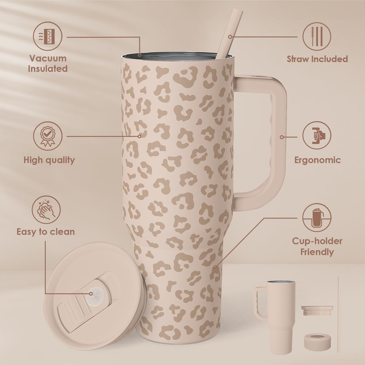 SANDJEST Leopard Tumbler with Handle, Insulated Cup Stainless Steel Travel Mug Cup, Gifts for Women Girl on Birthday Christmas, Tan Leopard, 40oz