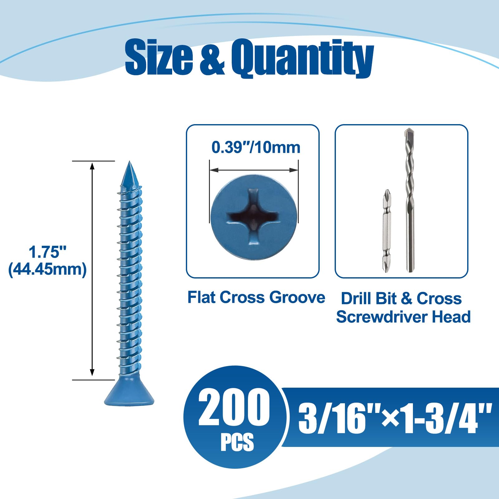 ANCHOREASE 3/16″×1-3/4″ (200Pcs) Flat Head Concrete Screw Anchor, Blue Screw, for Anchoring to Masonry, Block or Brick