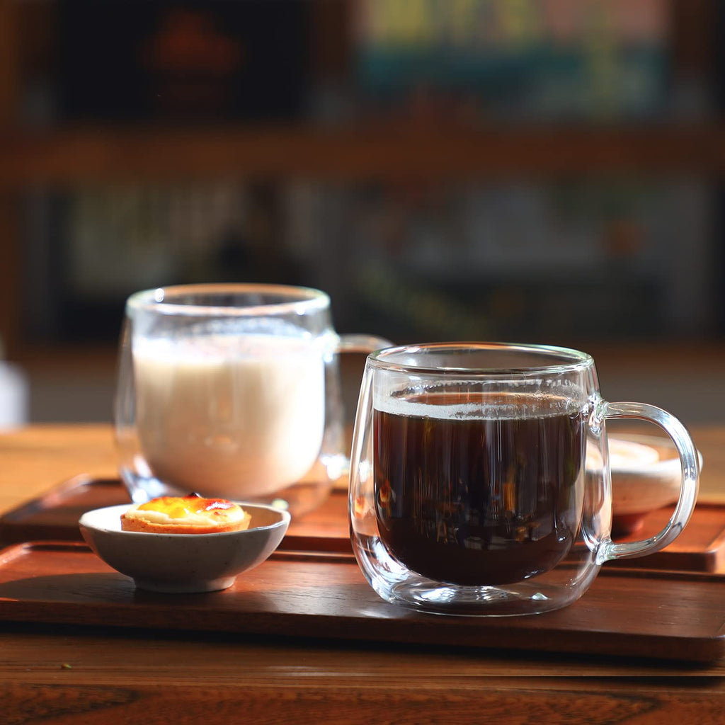 CNGLASS 16oz Double Walled Glass Coffee Mugs(2-Pack),Large Clear Coffee Cups with Handle,Glass Espresso Mugs for Latte,Cappuccino,Tea