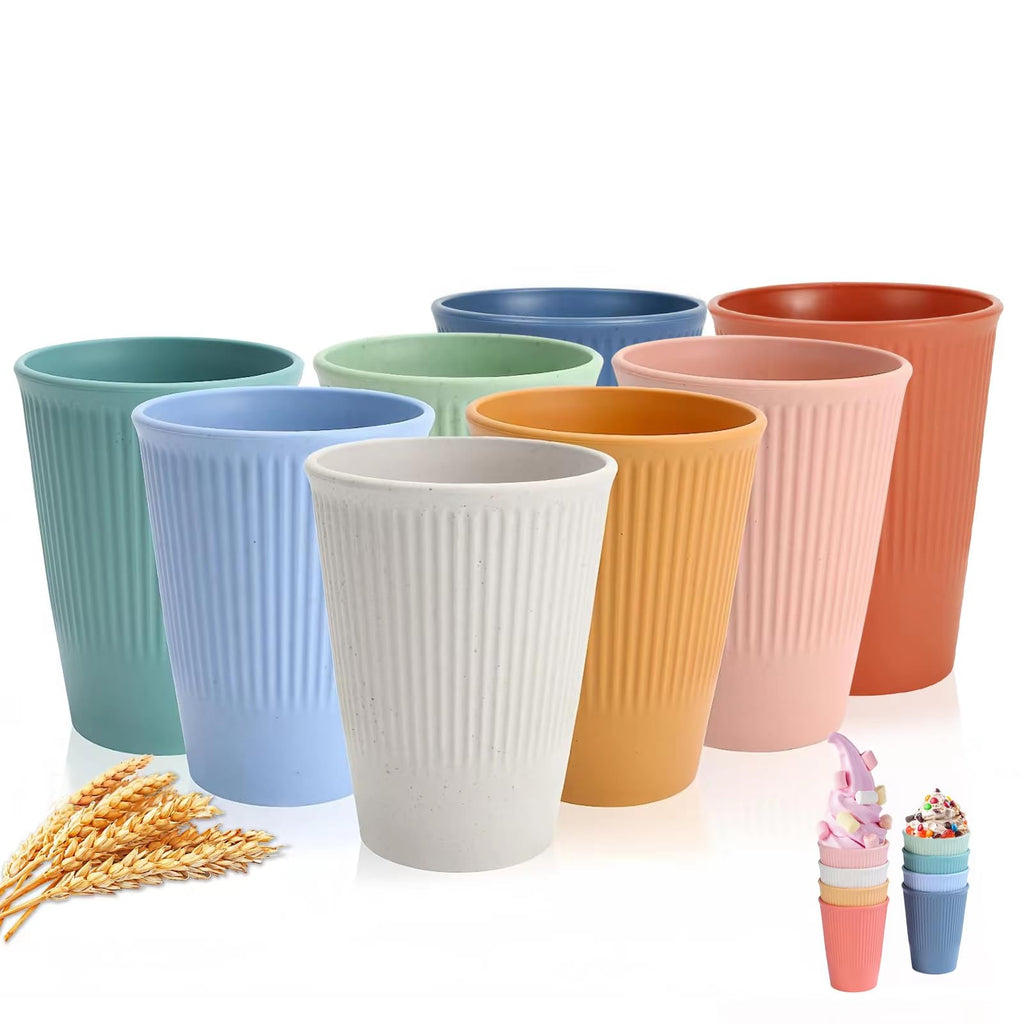 WANBY Wheat Straw Cup Unbreakable and Reusable Drinking Cups Eco-Friendly Healthy Tumbler Set for Milk Juice and Water Dishwasher Safe (8 Pcs 12 Oz)