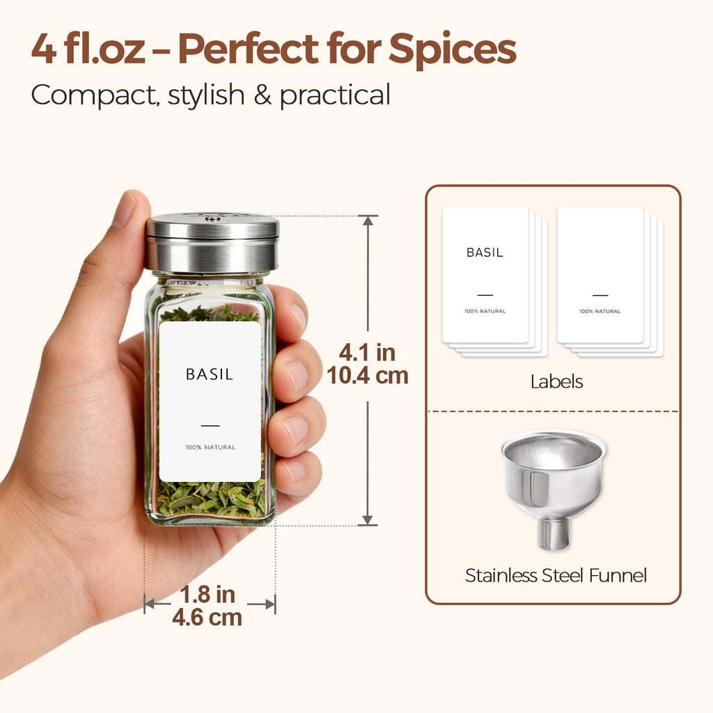 ComSaf 24 Pcs Glass Spice Jars Set with 3-in-1 Shaker Lids, 4oz Square Spice Containers for Drawer and Pantry Organization, Includes Stainless Steel Funnel and Labels for Herbs and Season