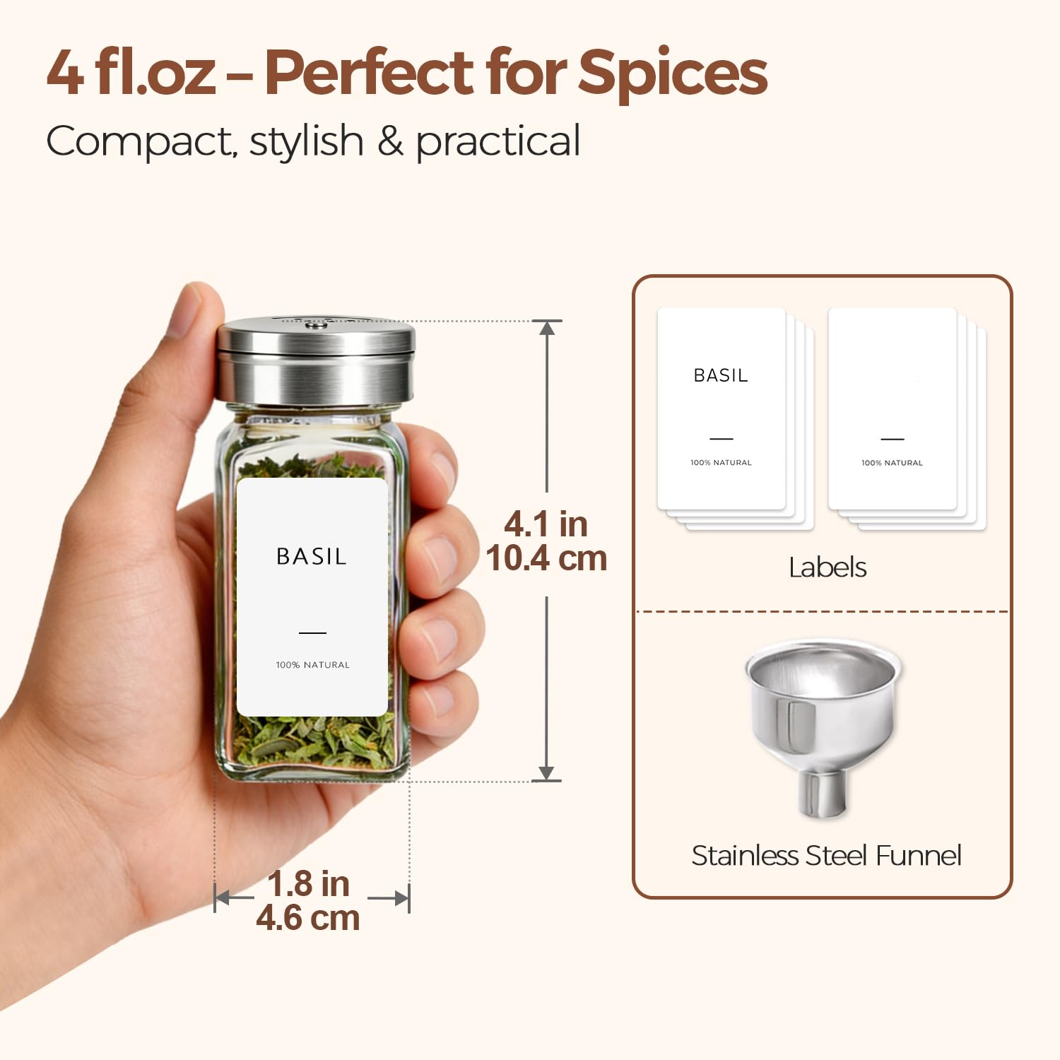 ComSaf 24 Pcs Glass Spice Jars Set with 3-in-1 Shaker Lids, 4oz Square Spice Containers for Drawer and Pantry Organization, Includes Stainless Steel Funnel and Labels for Herbs and Season