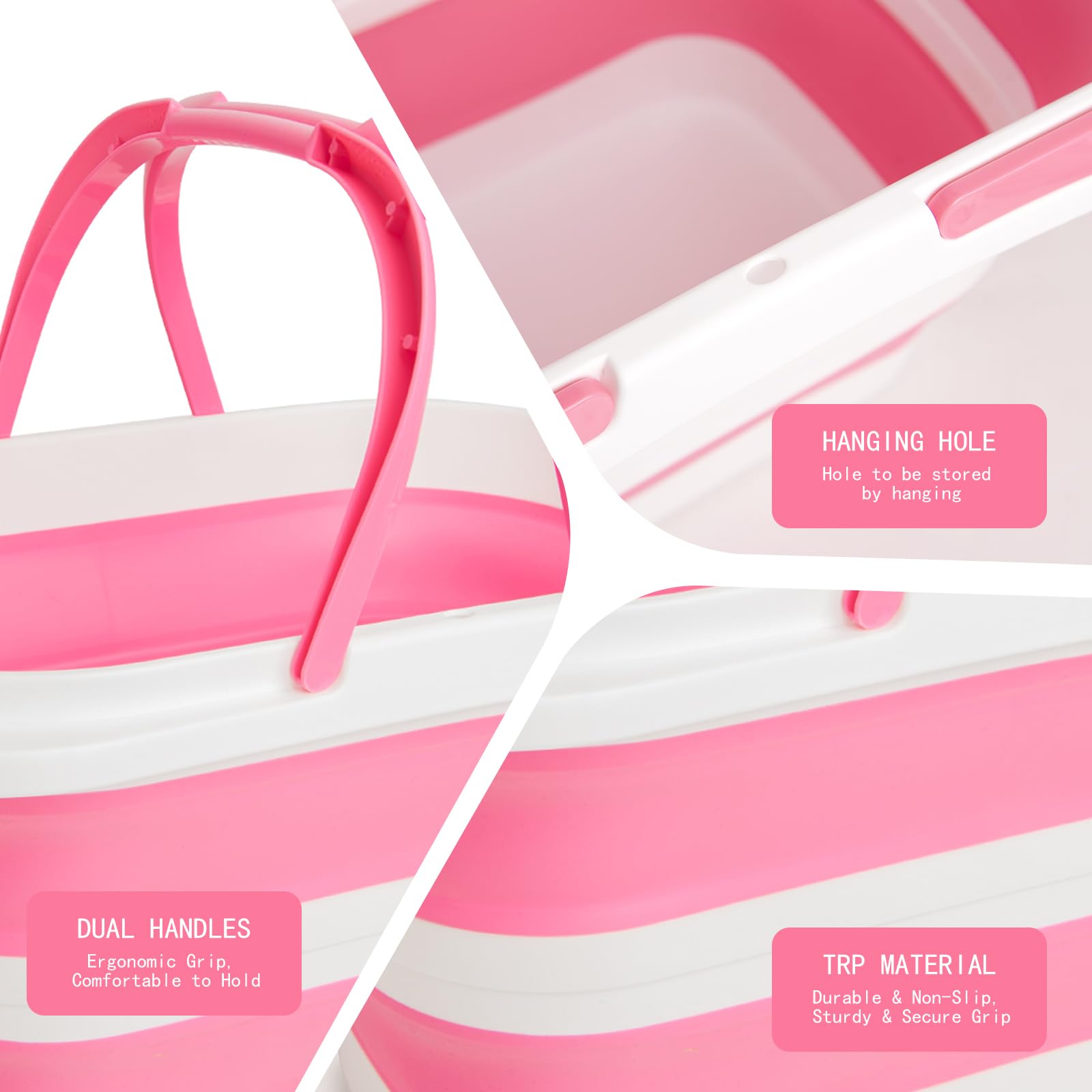 XXFLOWER 16L Collapsible Cleaning Bucket with Handle, Silicone Foldable Bucket, Indoor & Outdoor Space-Saving for Home Storage, House Cleaning, Car Wash, Camping & Beach, Pink-White