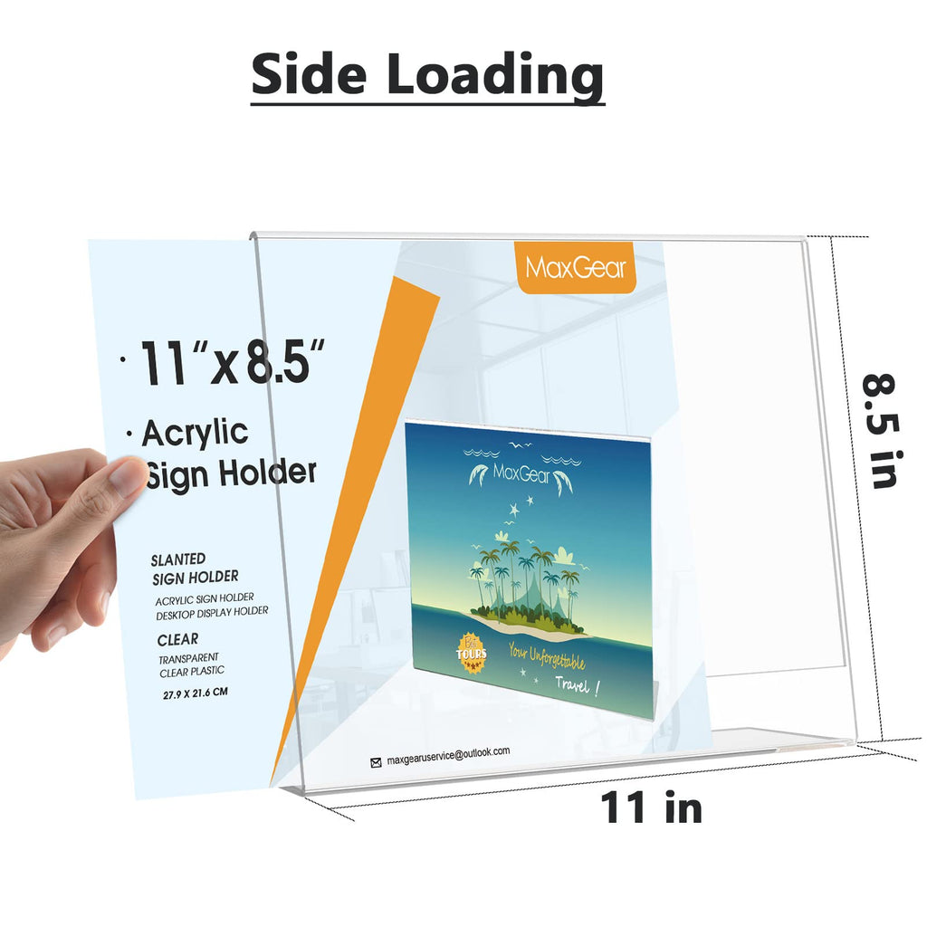 MaxGear Acrylic Sign Holder 8.5x11 Inches Horizontal 6 Pack, Slant Back Clear Flyer Menu Holder Table Top Plastic Display Stands Paper Frames for Office, Store, Restaurants, Landscape