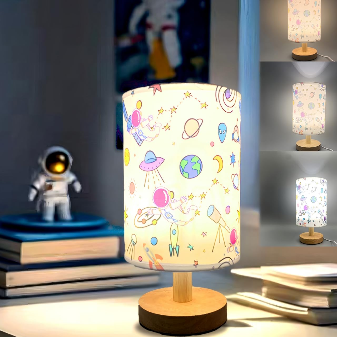 Astronaut Kids Table Lamp, Astronauts Room Decor for Boys,3 Level Dimmable Wood Nightstand Desk Base Flaxen Fabric Shade for Bedroom Living Room,Astronauts Gifts for Boys (cosmonaut)