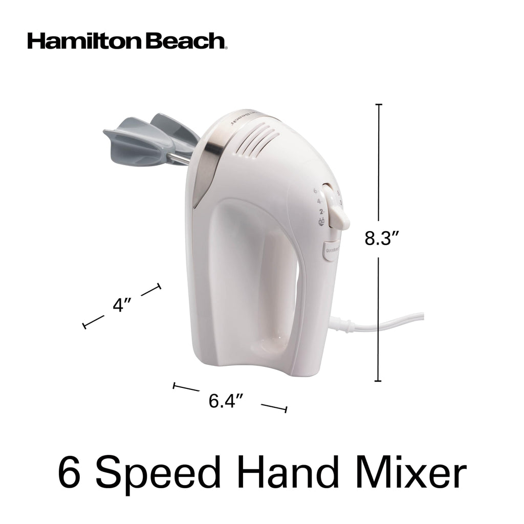 Hamilton Beach 6-Speed Electric Hand Mixer for Baking, 275W, Easy Clean Beaters, Dough Hooks, Whisk, Snap-On Storage Case, White (62636J)