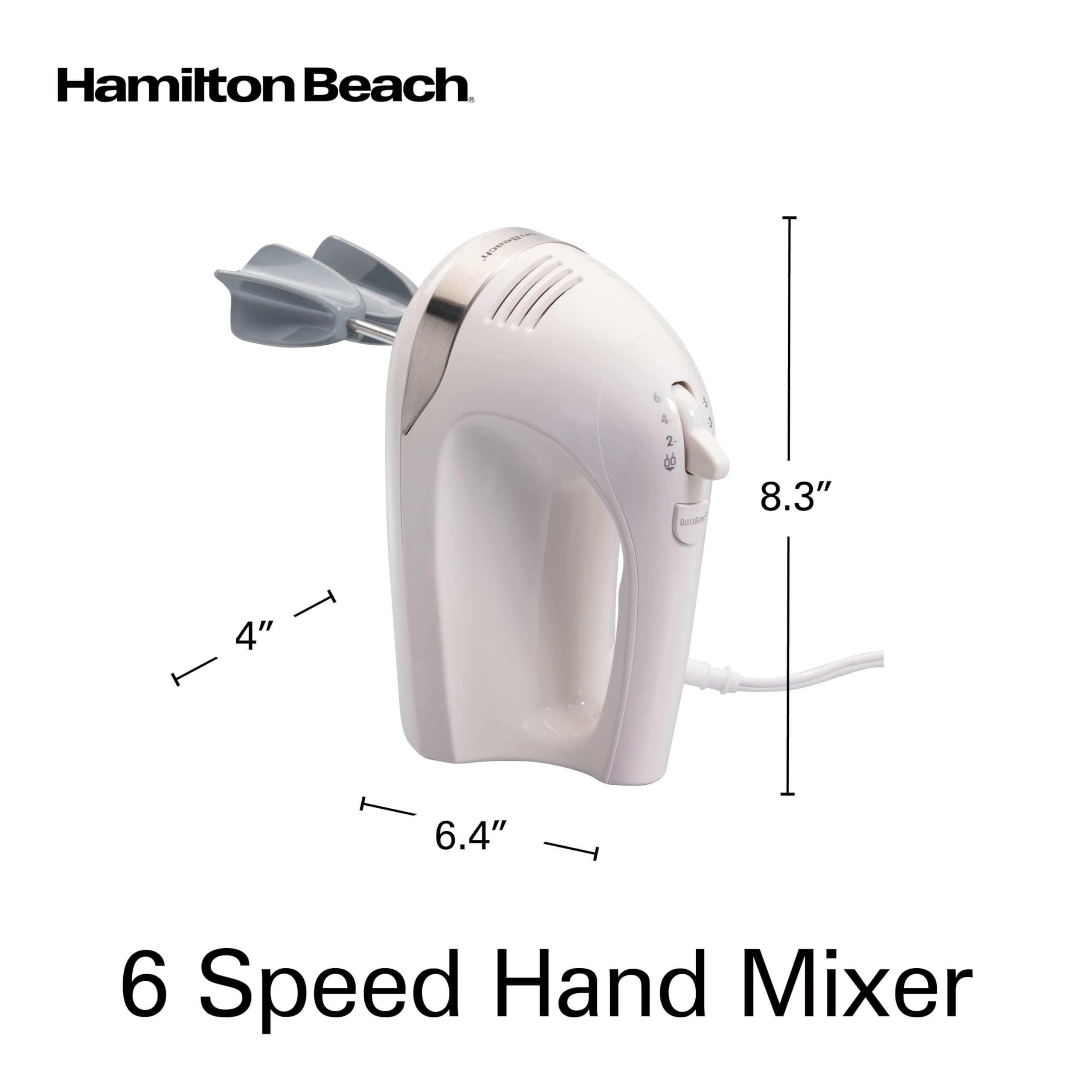 Hamilton Beach 6-Speed Electric Hand Mixer for Baking, 275W, Easy Clean Beaters, Dough Hooks, Whisk, Snap-On Storage Case, White (62636J)