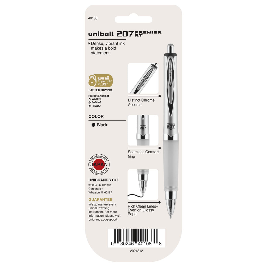 uni-ball 207 Rollerball Gel, Gel PREMIER Retractable Roller Ball Pen Medium-0.7mm, 1-Carded, Black Ink (40108)