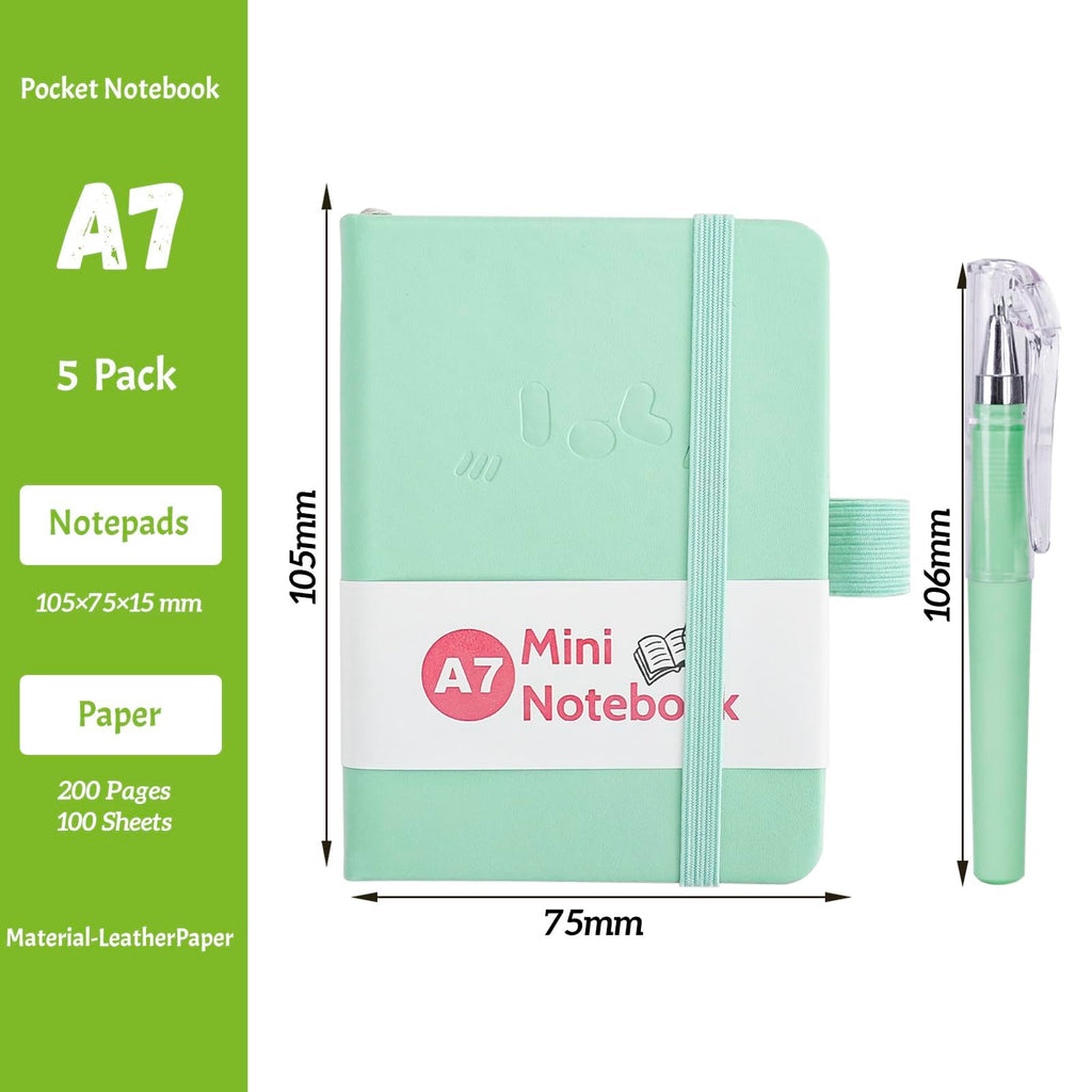 Mulaibdin 5 Pcs Pocket Notebook, Small Journaling Notebooks Pocket Size, A7 Cute Notebook with Pen, Small Notepads with Elastic Band, Portable Mini Leather Notepad for School,Office, Memos,Journal(200 Page)
