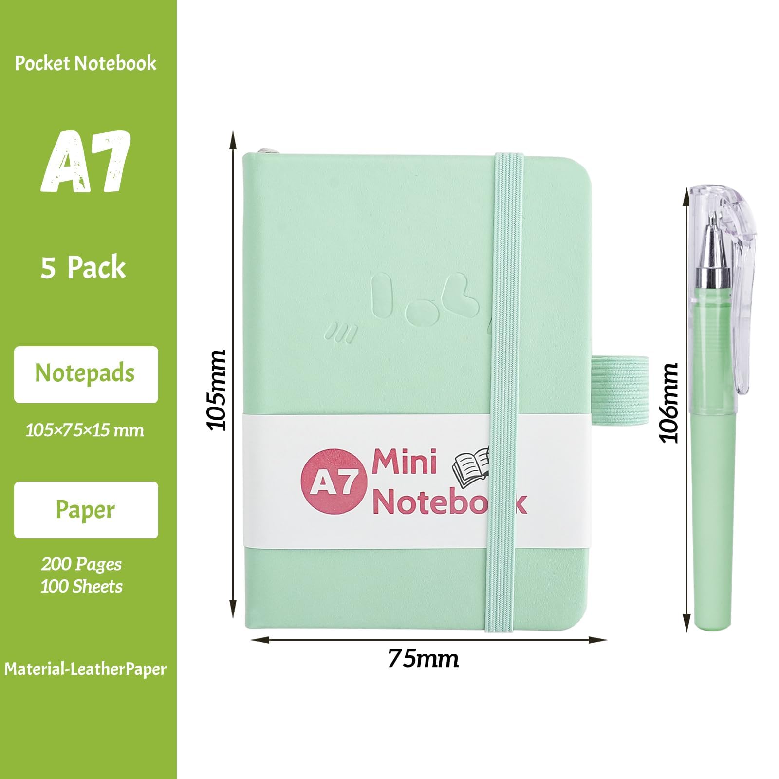 Mulaibdin 5 Pcs Pocket Notebook, Small Journaling Notebooks Pocket Size, A7 Cute Notebook with Pen, Small Notepads with Elastic Band, Portable Mini Leather Notepad for School,Office, Memos,Journal(200 Page)