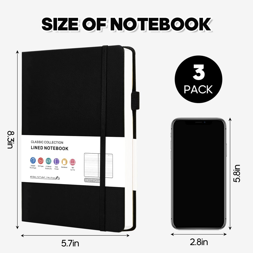 Lined Journal Notebook for Work School, 3 Pack A5 Leather Journal 160 Pages, 100GMS Thickened Paper, Hardcover Notebook with Pocket & Pen Loop for Women & Men (Brown, Black, Green)