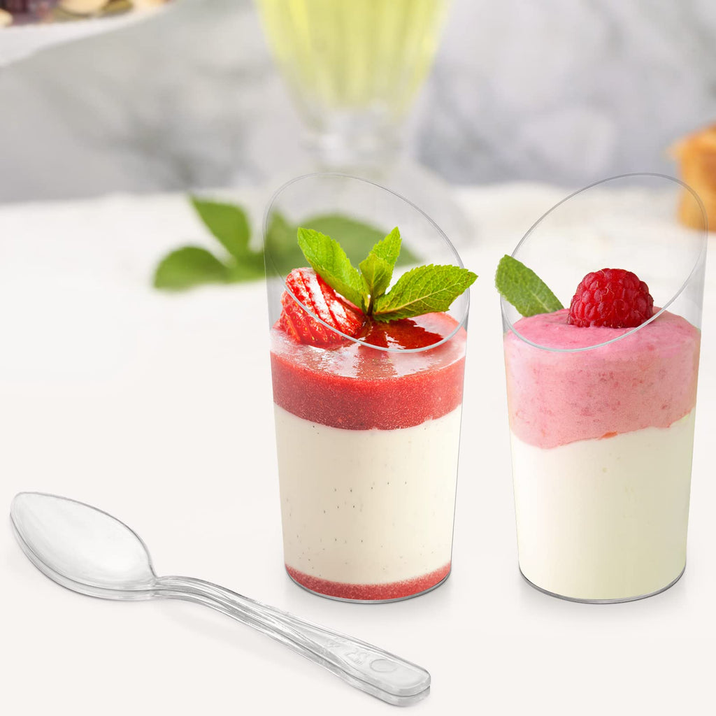 Tosnail 100 Pack 2.5 Oz/75ML Mini Plastic Dessert Appetizer Tumbler Cups with 100 Spoons, Clear Parfait Cup Slanted Pudding Container, Disposable Party Cups for Weddings, Party Event, Business - Round