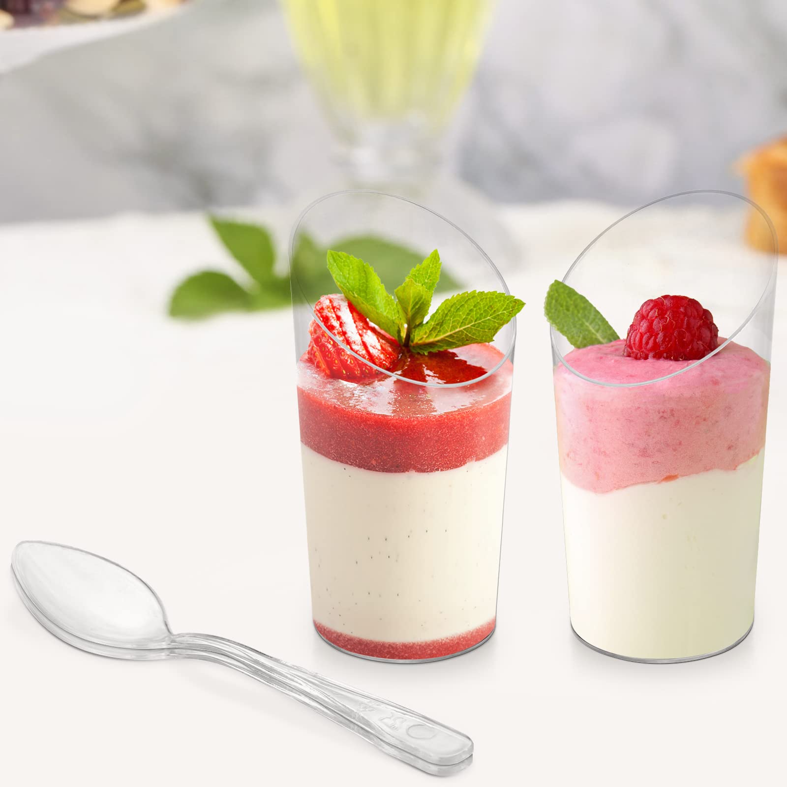 Tosnail 100 Pack 2.5 Oz/75ML Mini Plastic Dessert Appetizer Tumbler Cups with 100 Spoons, Clear Parfait Cup Slanted Pudding Container, Disposable Party Cups for Weddings, Party Event, Business - Round