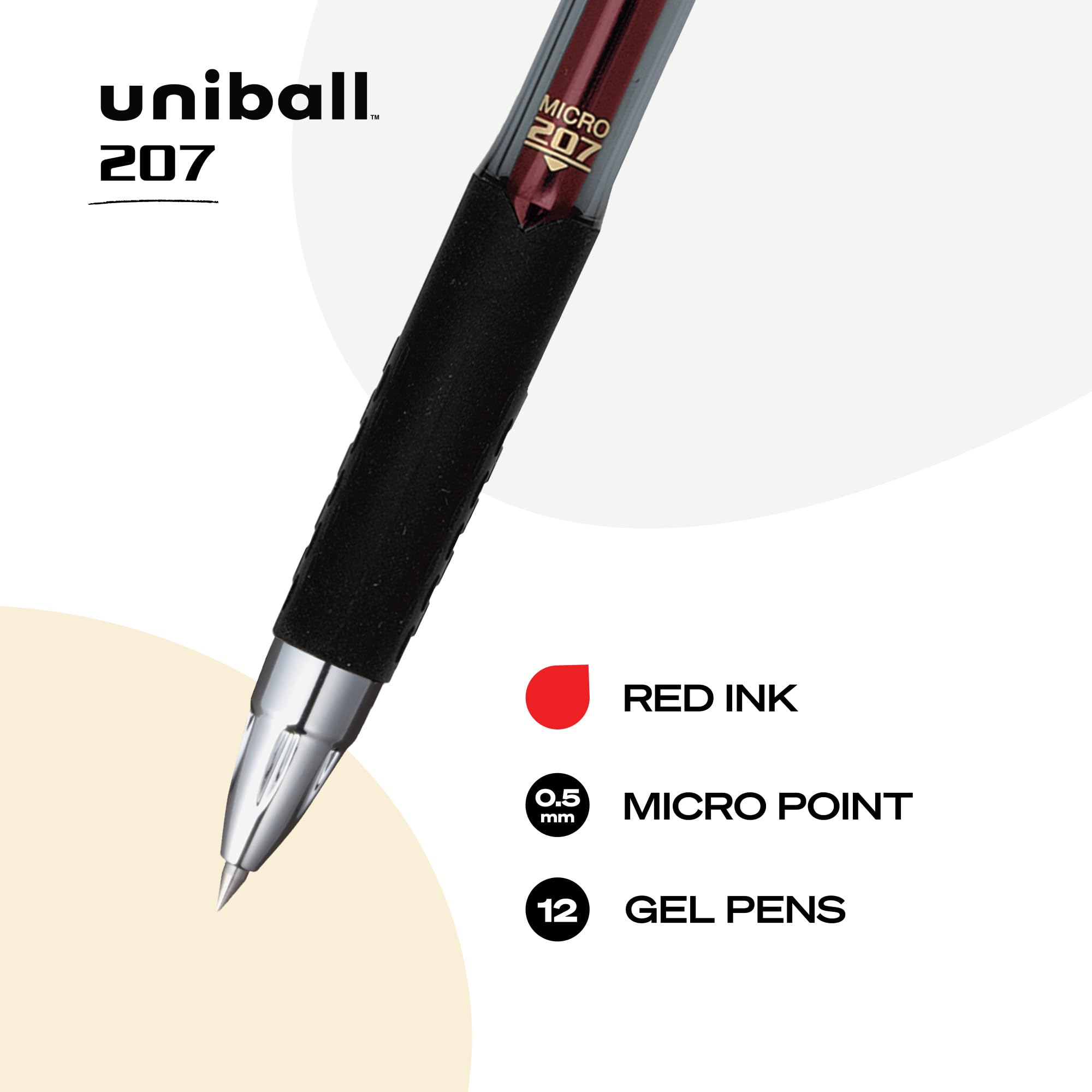 uni-ball 207 Rollerball Gel, Gel Retractable Roller Ball Pen Micro-0.5mm, 12 Pack, Red Ink (61257)